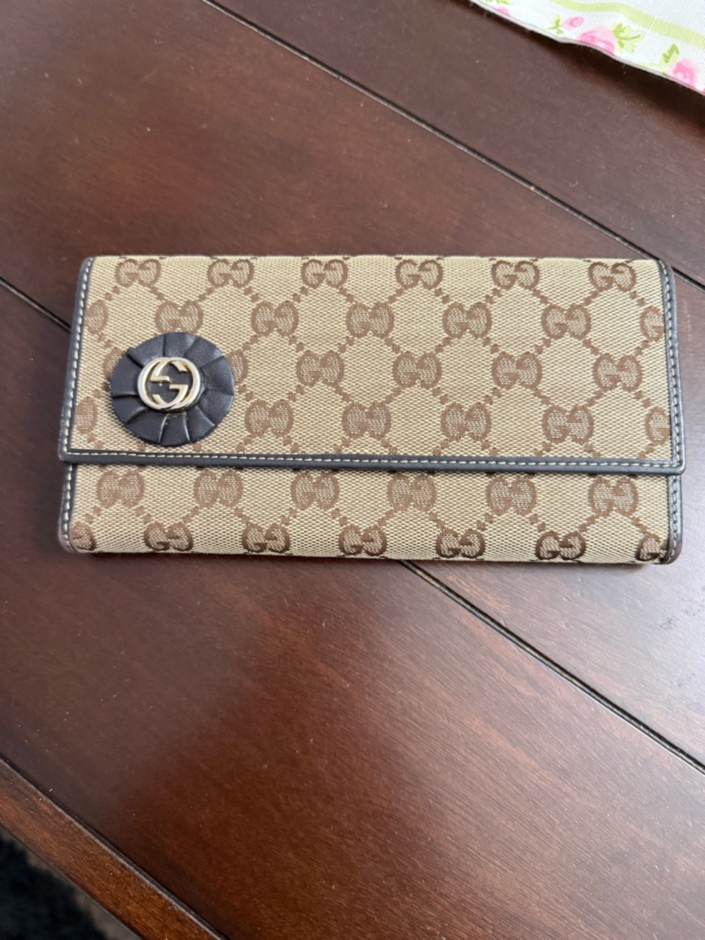 Gucci Brown & Beige GG Canvas Continental Wallet with Gold Logo